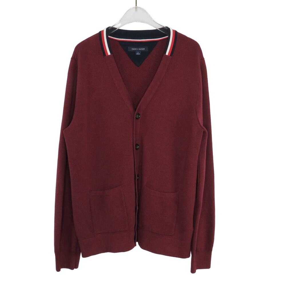 Tommy Hilfiger Men's Crimson Red Preppy Cardigan Sweater Medium Retro